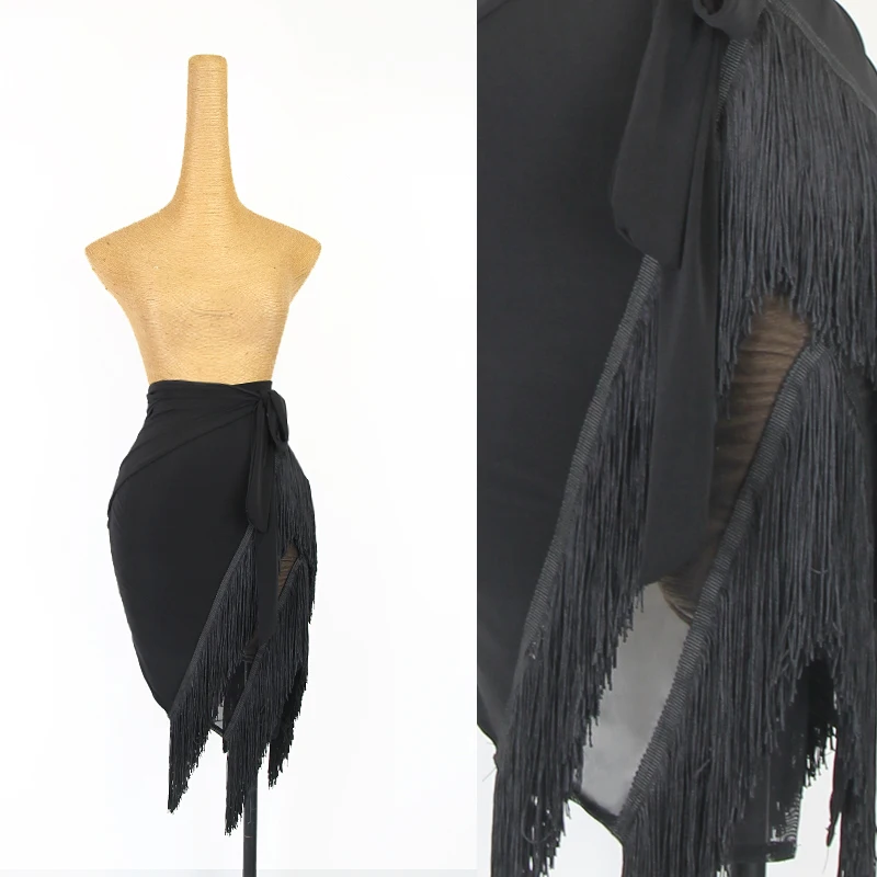 Latin Dance Costume Female Adult Tassel Hip Scarf Sexy Black Fringed Latin Practice Wear Women Samba Rumba Dance Skirt DNV14960