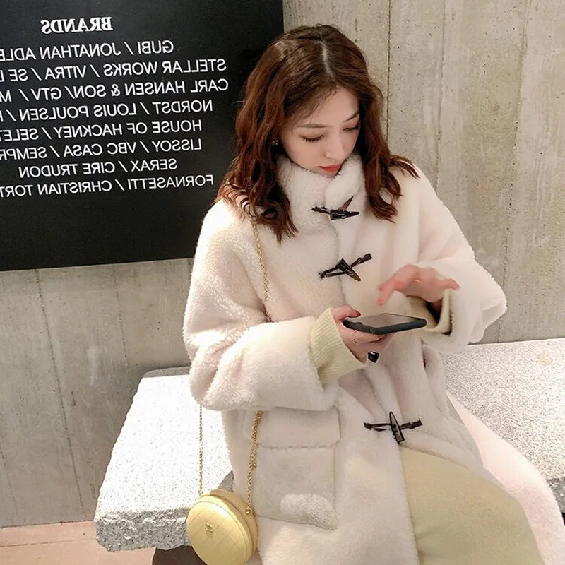 Large Grain Wool Sheep Shearing Fur Women\'s Mid-Length Stand-Up Collar Lamb Fur Coat Horn Button Winter Jacket Fairy Long Coat