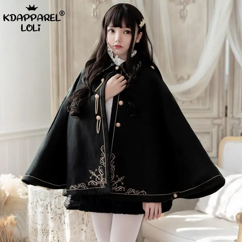 Women Winter Woolen Cloak Black Cape Preppy Style Golden Embroidery Princess Gothic Magic School Students Teens Coat Autumn New