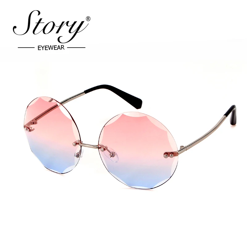 STORY New Fashion Round Rimless Sunglasses Women Retro Metal Frame Crystal Sides Clear Glasses Fashion Oversized 2018 Shades