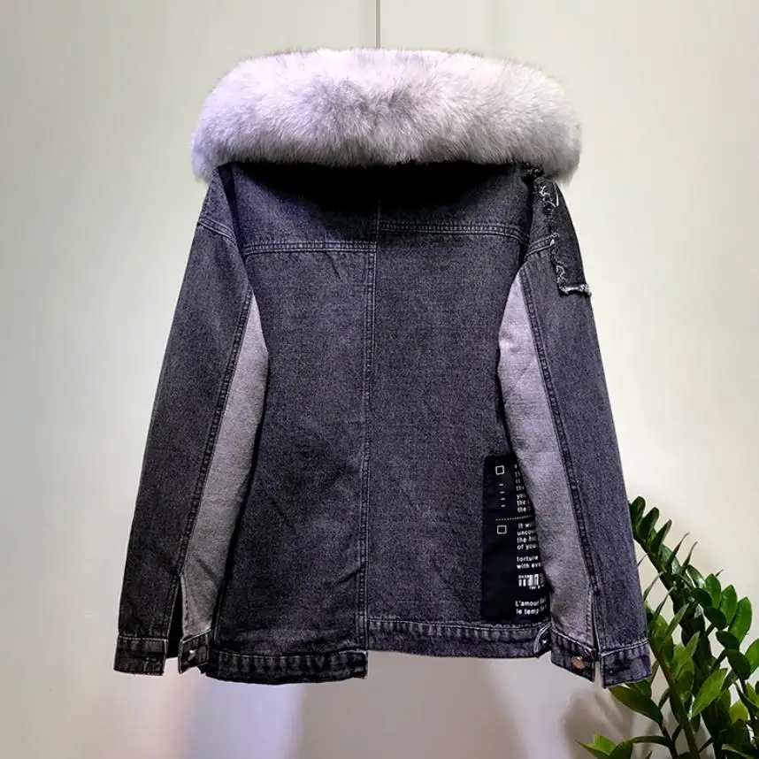 Winter Graffiti Warm Real Natural Fox Fur coat + Real Rabbit Hair Liner Denim Jacket Female cartoon print Real Fur Outwear F2271