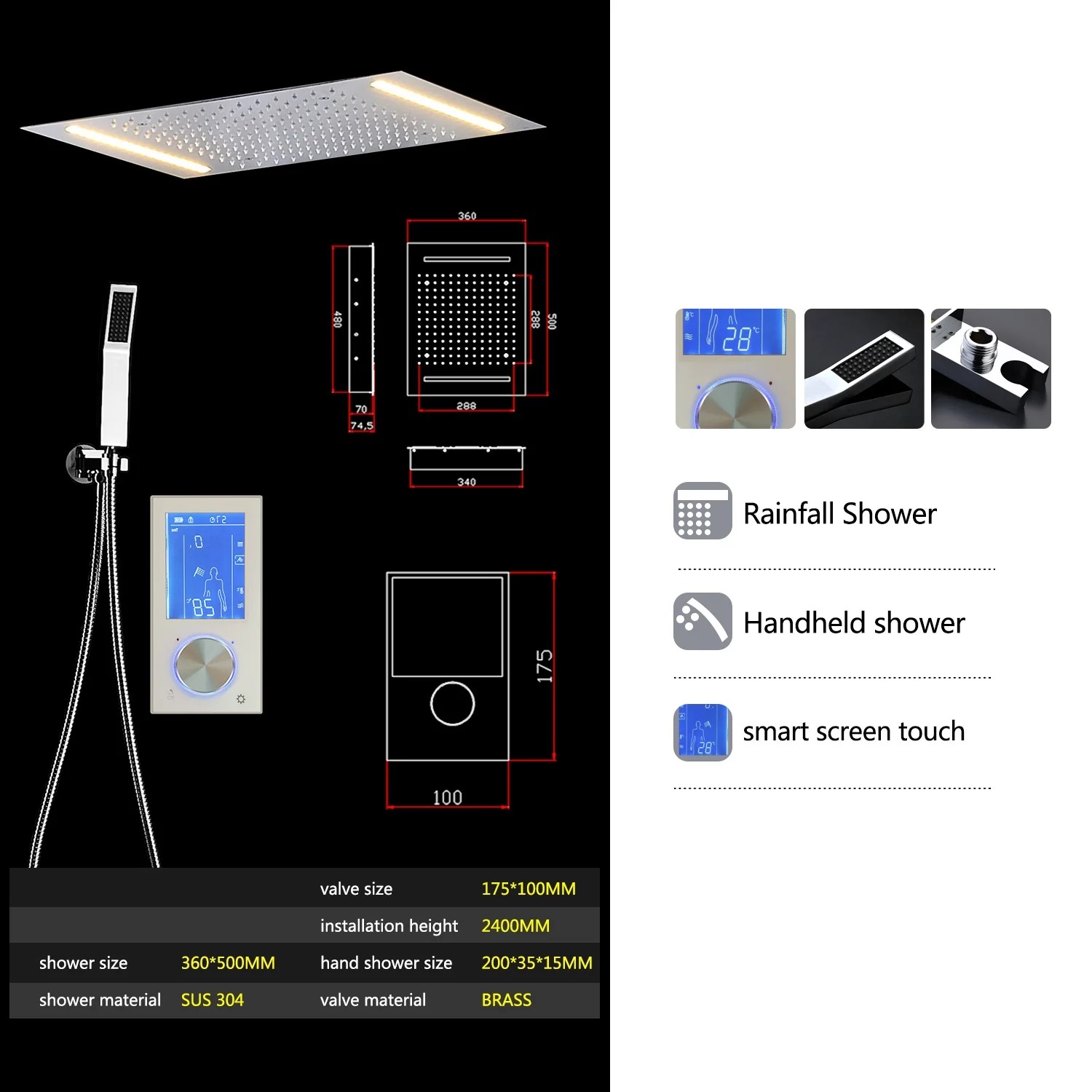 Imagem -03 - Digital Led Rainfall Shower Conjunto para Banheiro Massagem Led 2-way Sistema Termostático Massagem Chuveiro 14 in x 20 in