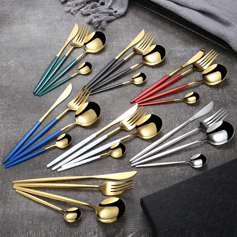 304 Stainless Steel Golden Cutlery Set Black Luxury Dinnerware Set Kitchen Cutlery Mirror Polishing Fork Spoons Knives Set 4Pcs