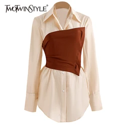 TWOTWINSTYLE Solid Color Shirt For Women Lapel Collar Long Sleeves Slim Fit With Corset High Waist Shirts Female 2022 Autumn New