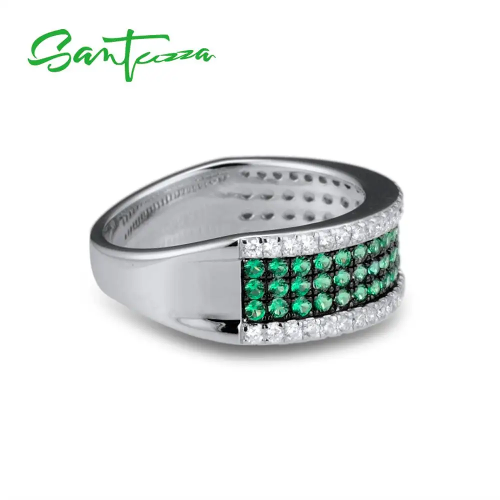 SANTUZZA Silver Ring For Women 925 Sterling Silver Fashion Round Rings Green White Cubic Zirconia Trendy Party Fashion Jewelry