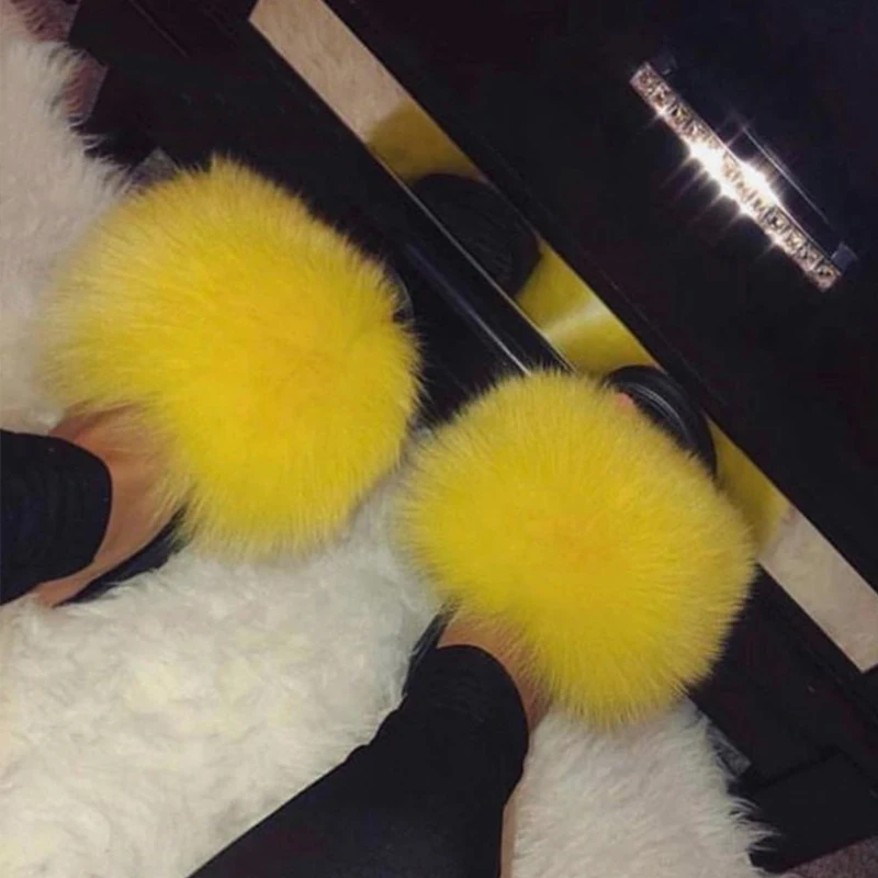 Women Winter Fox Fur Slides Leisure Solid Slippers Fluffy Fur Sandals Flat Beach Flip Flops Fashion Plush Slippers Brand Shoes