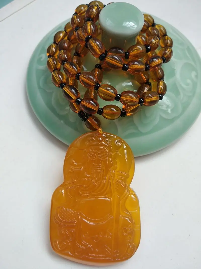 Excellent Golden Agate Carnelian Hanging Pendant Lucky Patronus GuanoYu Amulet Churing Bead Necklace