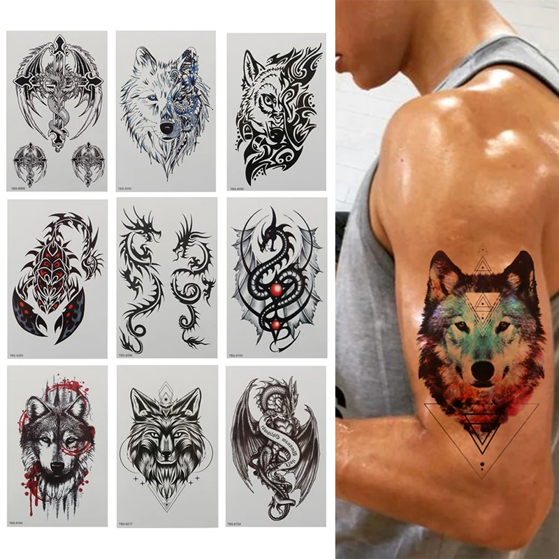 

Waterproof Temporary Tattoo Sticker Dragon Wing Cross Flash Tatto Wolf Scorpion Totem Body Art Arm Water Transfer Fake Tatoo