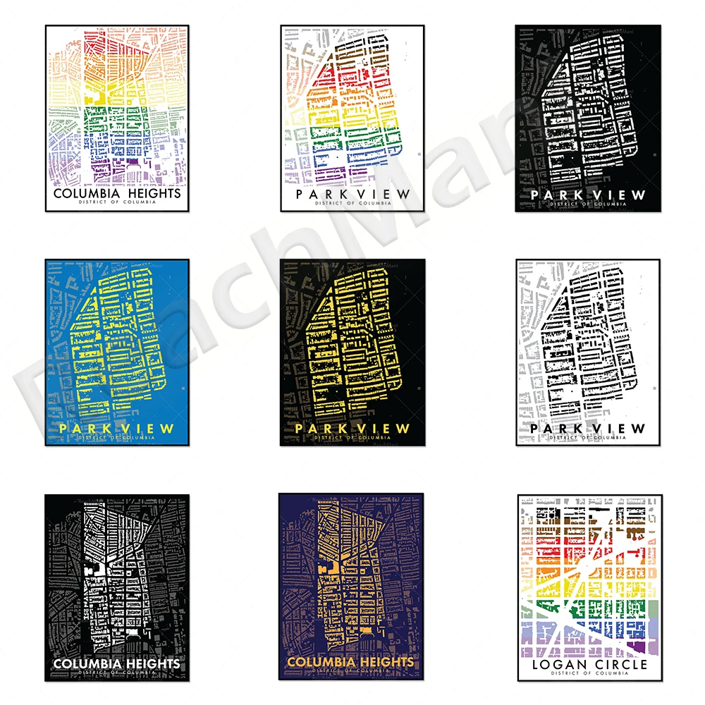 

Logan Circle Neighborhood, Park View, DC, Figure-Ground poster, Columbia Heights neighborhood landscape poster map, canvas home