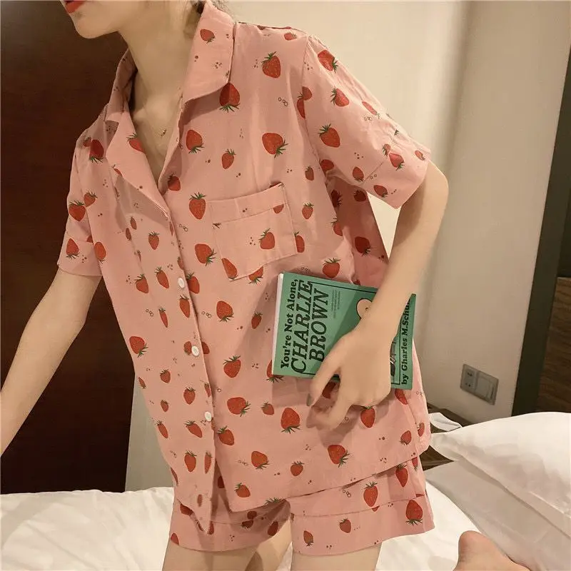 Pajama Sets Women Summer Lovely Strawberry-print Sweet Teens Korean Style Leisure Fashion Design Mujer Soft Simple Sleepwear Ins