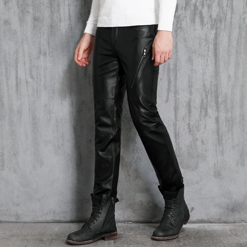 Men's Leather Pants, Youth, Motorcycle Sheepskin Pants, Personality, Slim, Genuine Leather, Autumn, Winter