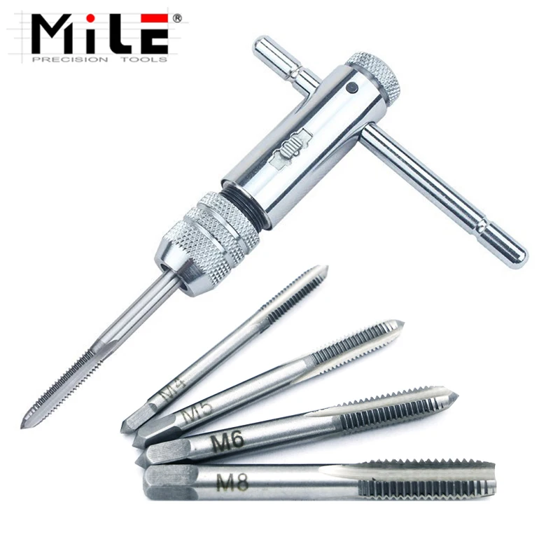 Mile-T-Type Ratchet Twister e Straight Groove Thread Tap, chave ajustável, ferramenta de batida, M3-M8, 6pcs por conjunto