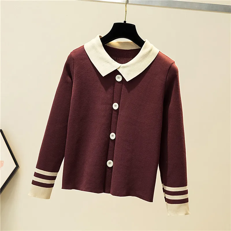 Contrast Color Peter Pan Neck Button Front Knit Sweater Women Spring Autumn Long Sleeve Cute Pullover Sweater Black White Beige