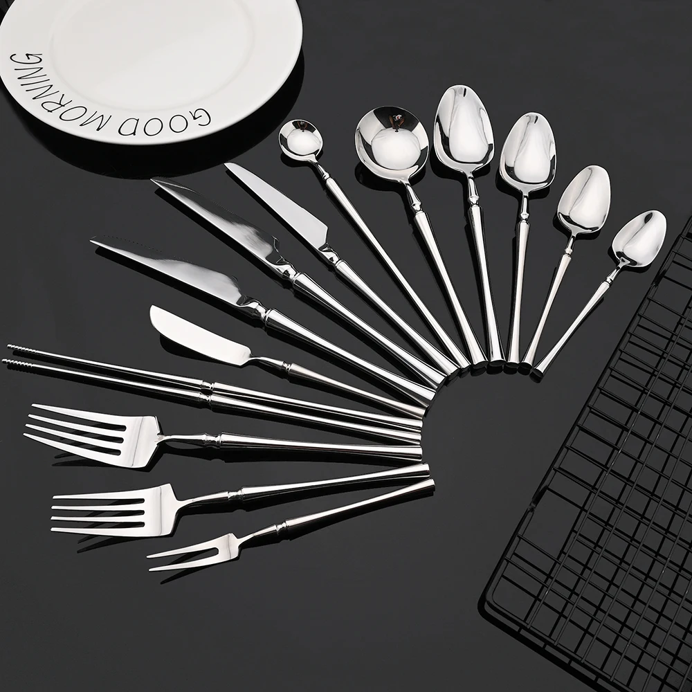 Silver Flatware Cutlery Luxury 304 Stainless Steel Dinnerware Set Mirror Polishing Tableware Set Dinner Knife Dessert Fork Spoon