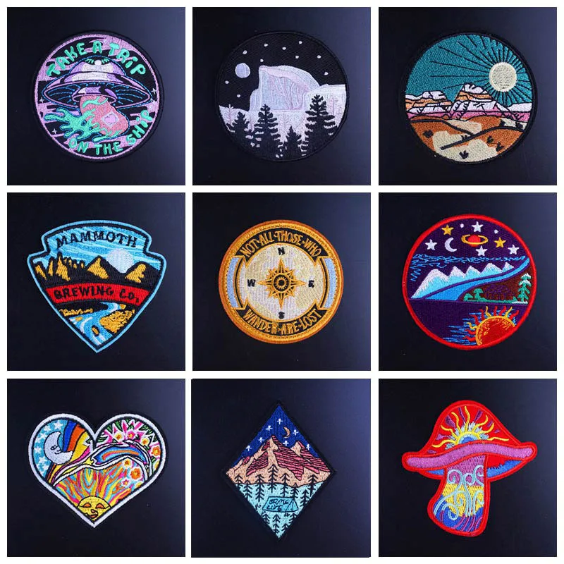 

Adventure Travel Embroidered Badges Patches For Clothing Iron On Patch Explore The Natural Mountains And Rivers Stripes Applique