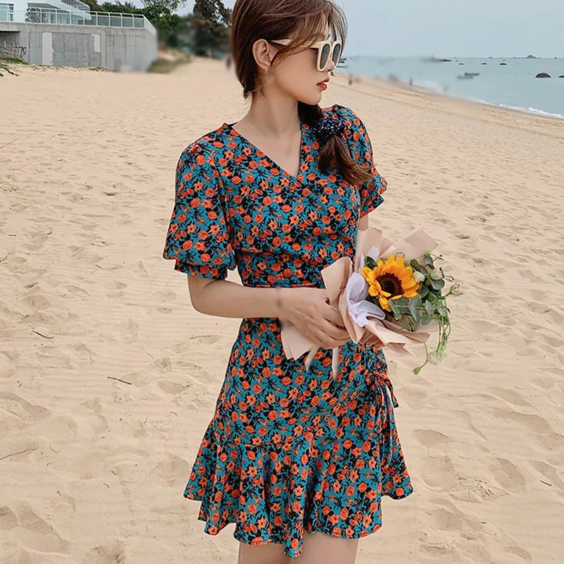 

Summer New Style Casual Floral Ladies Dress Cute Puff Sleeve Leaf Swing Thin First Love Skirt Student Waist Short Skirt