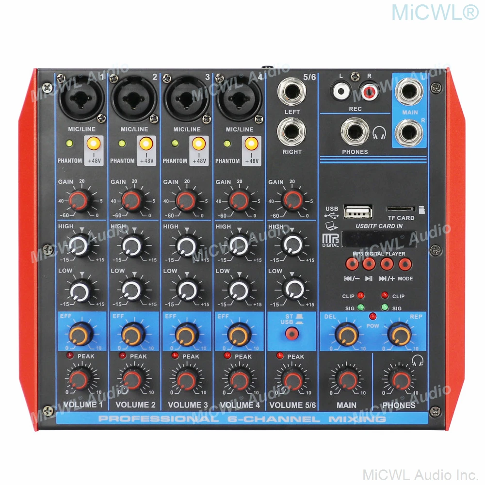 MiCWL Professional 6 채널 블루투스 믹싱 콘솔 오디오 믹서 PC 노트북 네트워크 라이브 레코딩 장치 무대 스튜디오