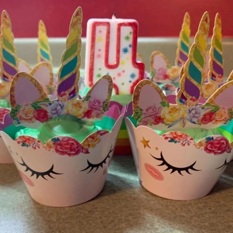 Envoltorios de unicornio arcoíris para cupcakes, adornos para tartas de fiesta de cumpleaños, suministros de fiesta de unicornio para Baby Shower