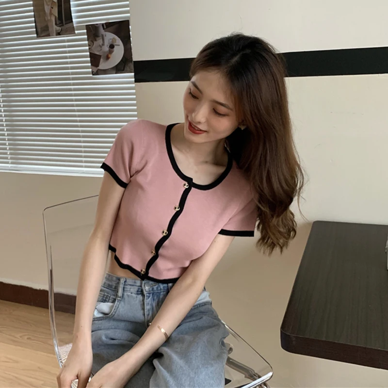 Women Knitted Cardigan Top Female Slim O Neck Short Sleeve T-Shirt Women Summer Clothing