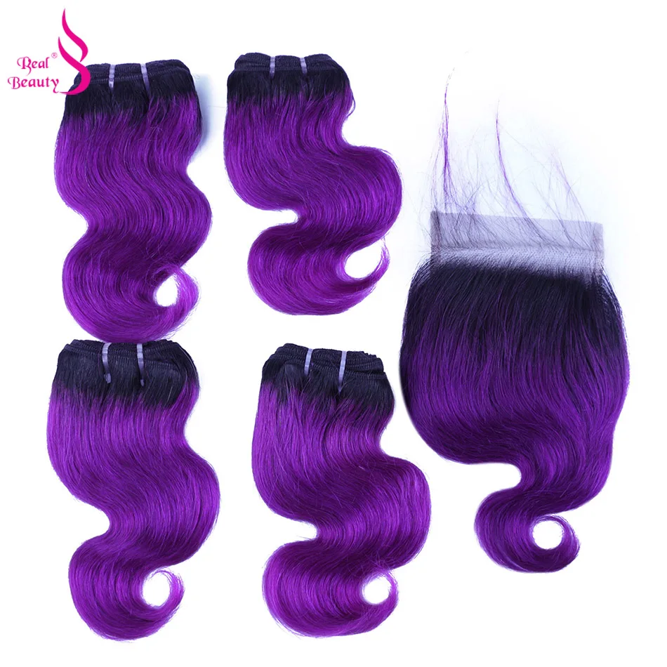 Real Beauty Brazilian Body Wave 4 Bundles With Closure Colorful Two Tone Ombre Human Hair Bundles With Closure Blond Red Blue