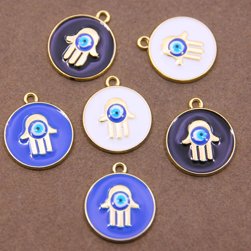 6pcs 25mm Round shape Hamsa Hand Of Fatima Greek Evil Eye Enamel Charms For DIY Pendant Bracelet Necklace Making