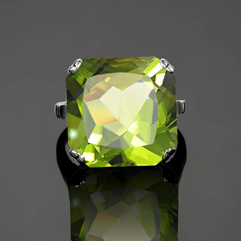 Szjinao Real 925 Sterling Silver 17*17mm Square Peridot Ring Women's Vintage Large Antiqued Filigree Victorian Retro Jewelry New