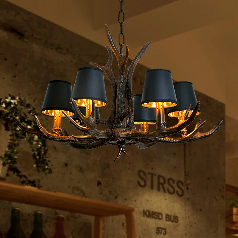 American Hotel Coffee Shop Bar Led Decorative Chain Chandelier European Retro Simulation Deer Antler Resin Craft Pendant Light