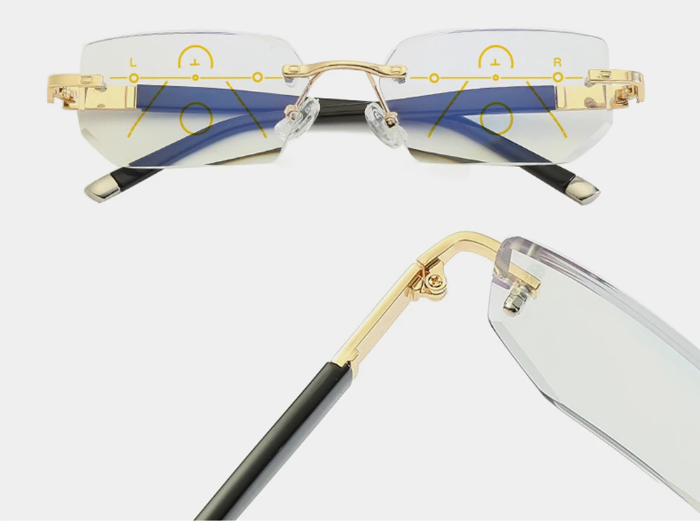 NOMANOV Rimless Diamond Trimming Luxury Progressive Multifocal Reading Glasses See Near And Far ADD +75 100 150 175 200 To 350