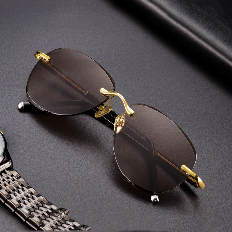 Vintage Rimless Sunglasses Men Women Natural Crystal Stone Lens Driving Sun Glasses Retro Pilot Sunglass Man UV400 Oculos De Sol