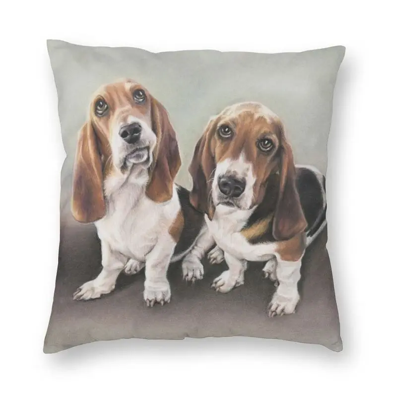 Brothers Bassett Hounds Dog Portrait Square Pillowcover Home Decor Cute Pet Puppy Cushions Throw Pillow for Living Room Printing