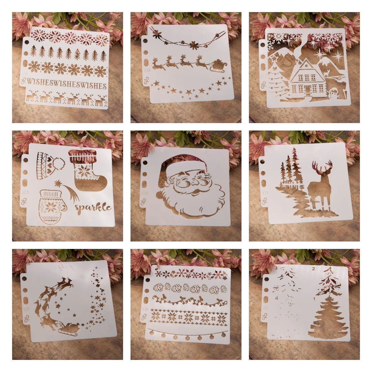 9Pcs/Lot 13cm Christmas Santa Clause DIY Layering Stencils Painting Scrapbook Coloring Embossing Album Decorative Template