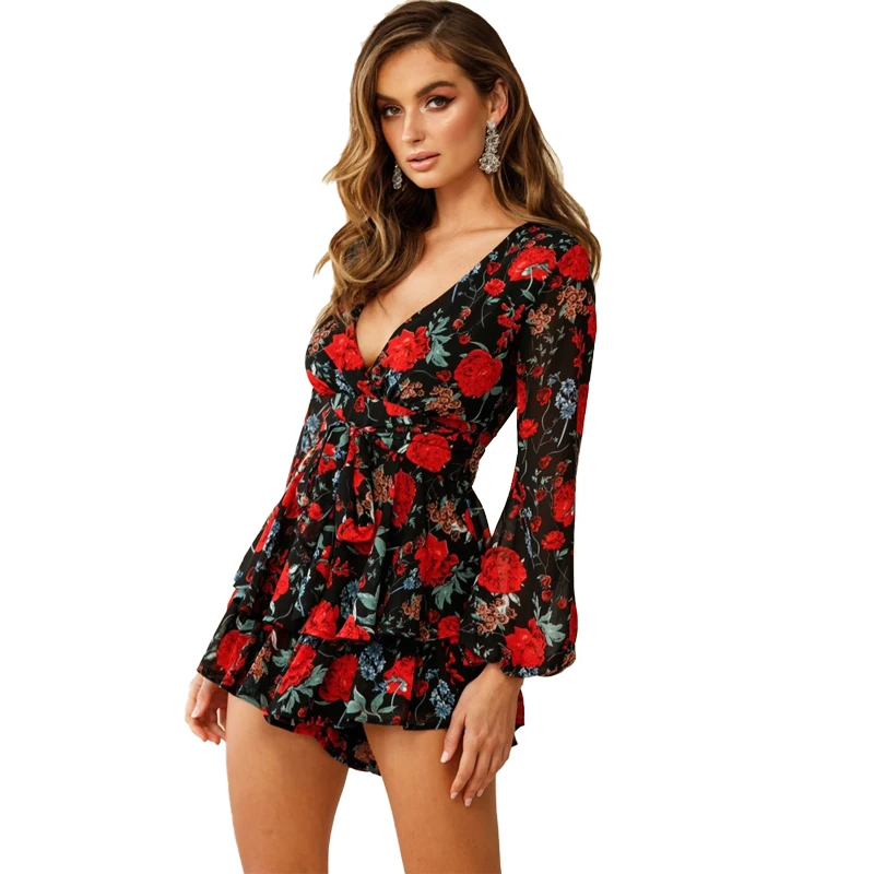 Monos cortos con estampado Floral para mujer, peto Sexy con estampado de flores y cuello de pico, Vestido de playa de manga larga con volantes, moda de verano