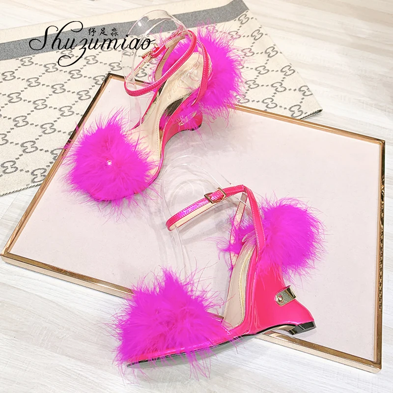 New Arrival Sandals Fashion Show Woman Wedge Shoes Mule Women Summer New 2020 One Word With Sexy Heels Sandals Fur Party Shoes