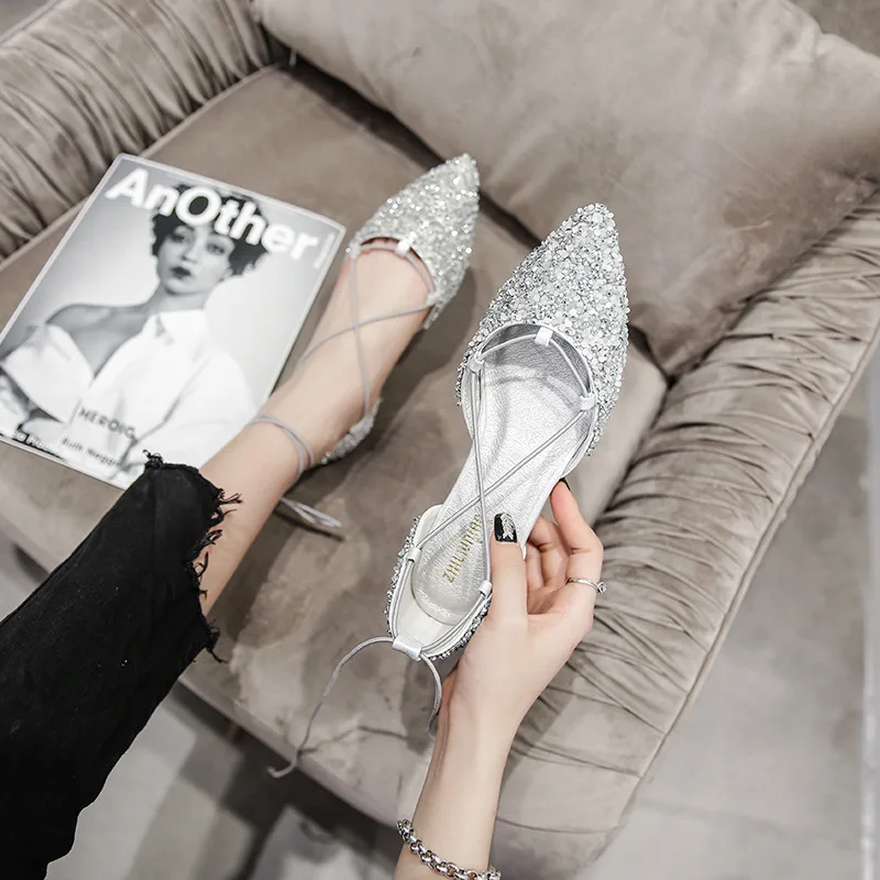 2022 Women Luxury Rhinestone Ballet Flats Cross-Tied Lace Up Flat Shoes Woman Crystal D\'orsay Wedding Shoes Glitter Sliver Mules