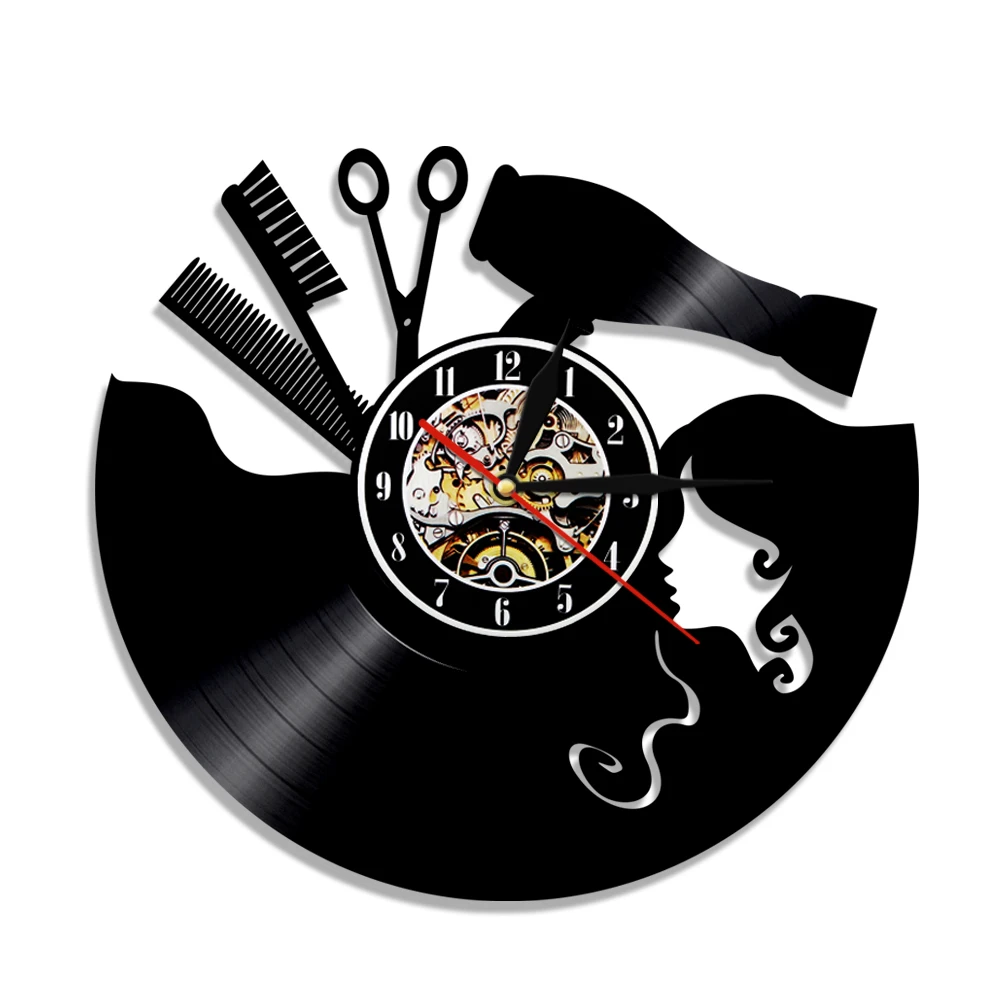 Barber Shop Tools Equipments Vinyl Record Wall Clock Modern Design Beauty Salon Hairdresser Instrument Wall Watch Art Detor