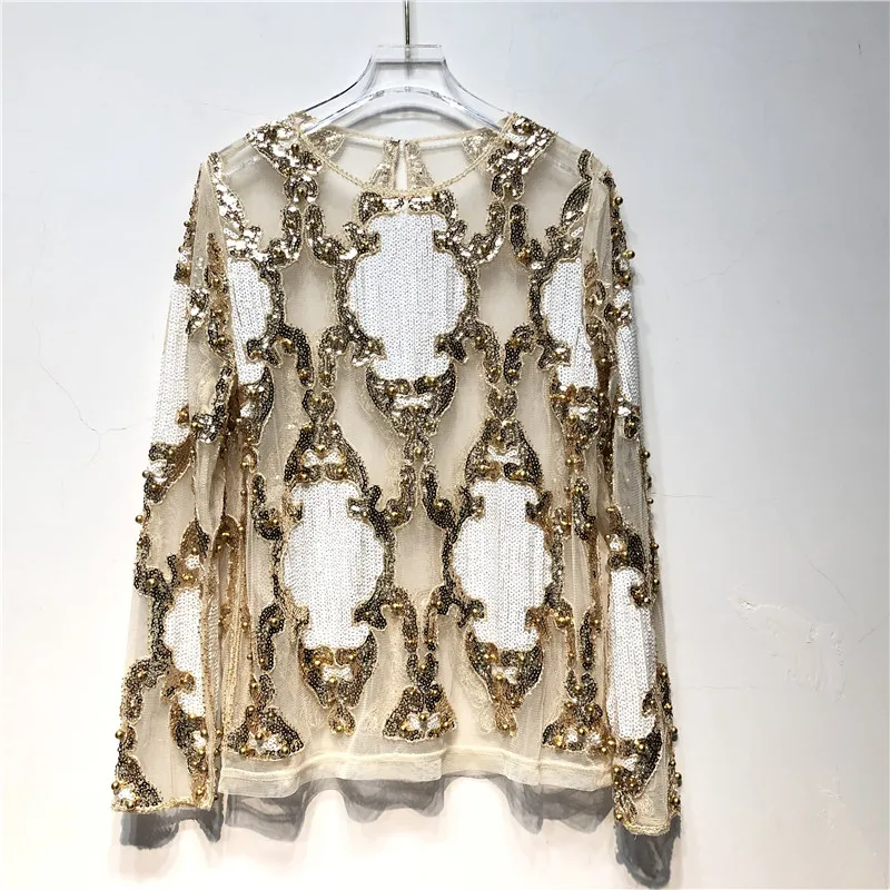 Sidaimi Luxury Women Crystal Sequins Embroidery Top Lace Geometric Heavy Beads Shirts Sexy Blusas Camisa Clubs Hollow Tops