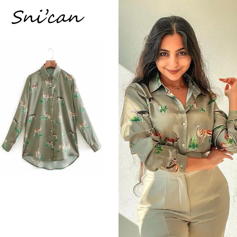 

Za Green Dear Women Blouse Summer Vintage Oversize Blusas Animal Print Shirts Satin Chic Tops Vintage Chemisier Femme 2021 New