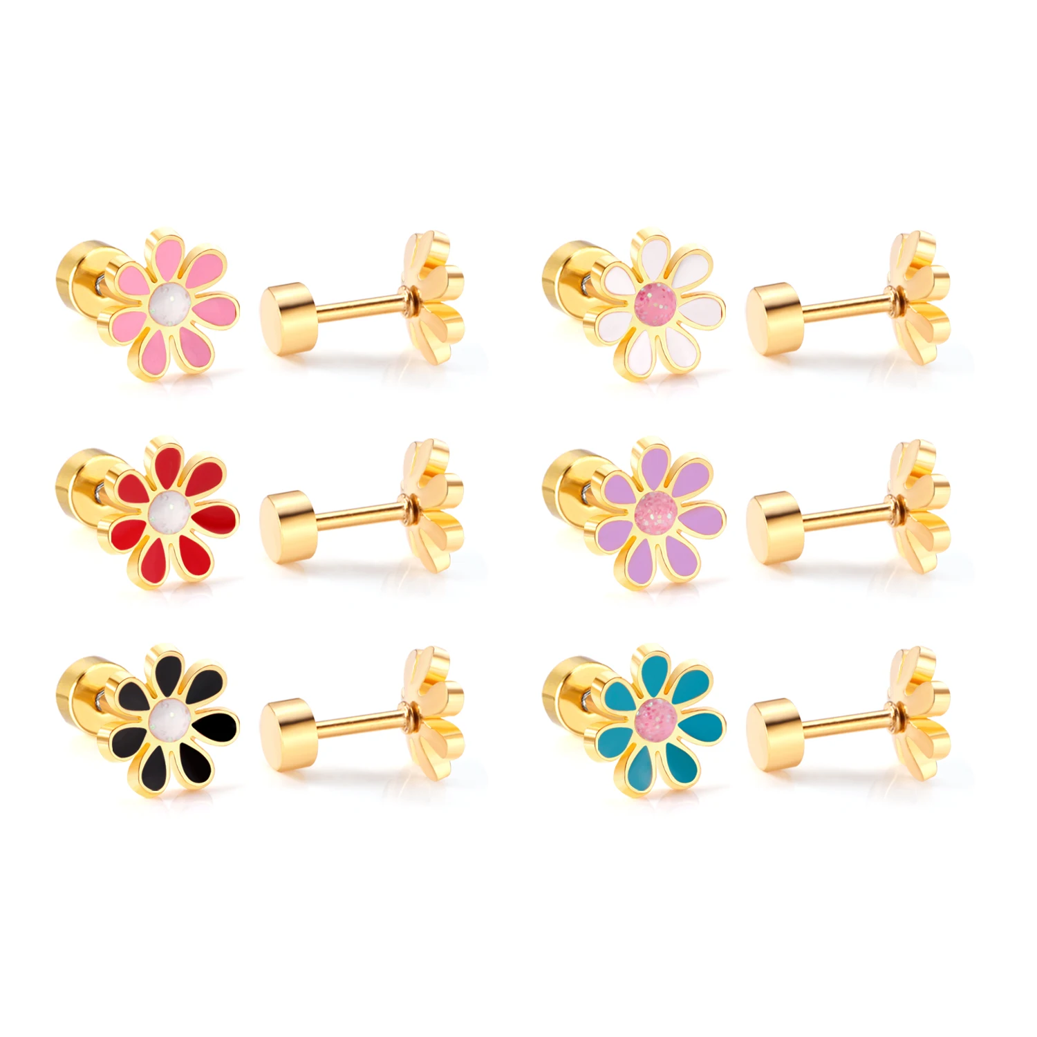 LUXUKISSKIDS 12pairs Acrylic Daisy Earrings For Women Girls Stainless Steel Colorful Studs Screw Back Romantic Flower Piercing