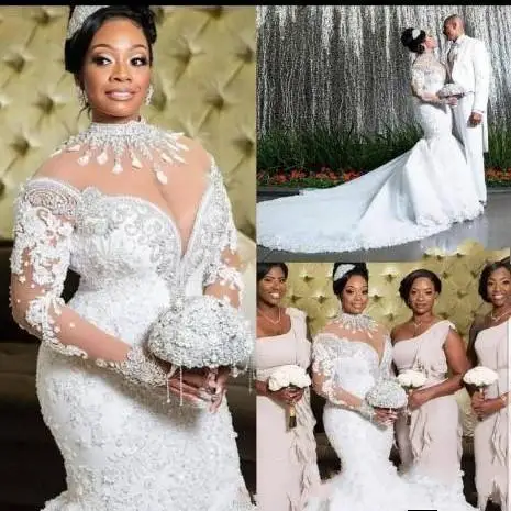 

South African Mermaid Wedding Dresses Lace Crystals Beading Long Sleeves Bridal Gown High Sheer Neck Plus Size Vestiods