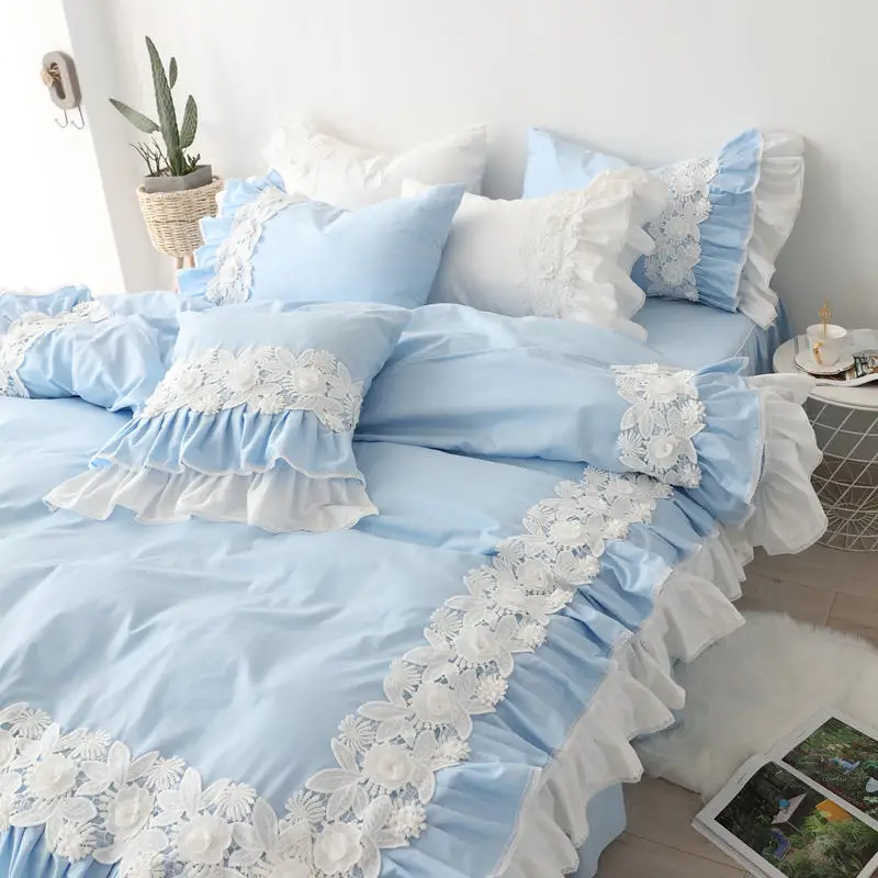 

100%Cotton Bed Sets Queen King Size Blue Duvet Cover Bed Skirt Pillowcase for Princess Room Korean Lace Bedding Set Luxury