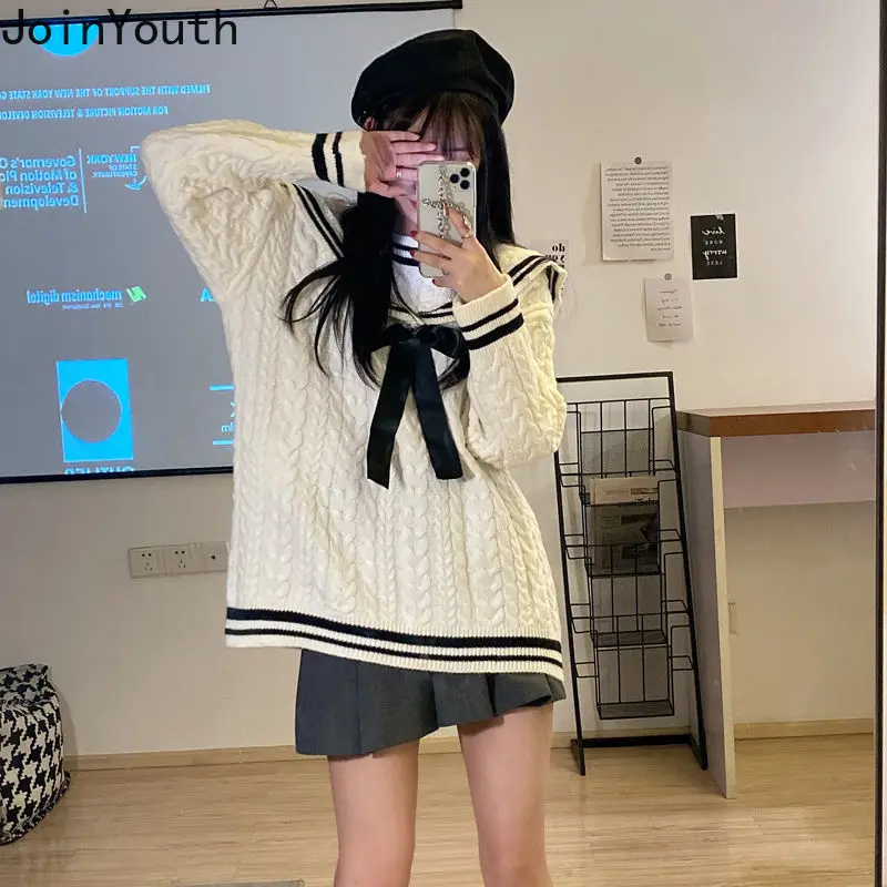 Joinyouth Spring Autumn Fashion Suits Women Navy Collar Long Sleeve Loose Sweater High Waist Pleated Skirt Two-piece Sets Female