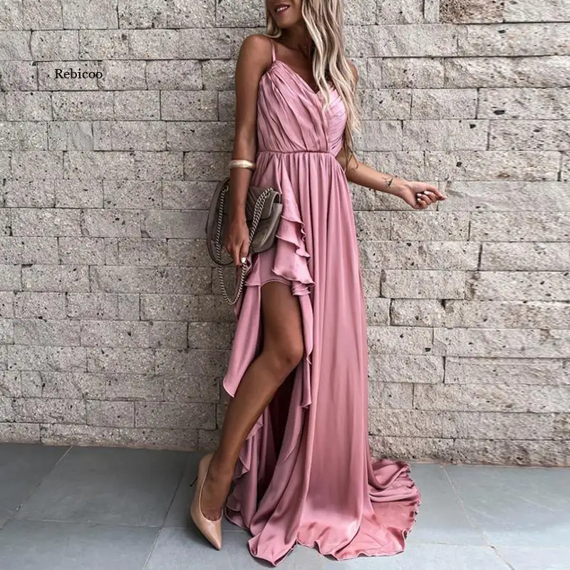 Women Sexy V Neck Draped Party Dress Elegant Multi-layer Ruffles Irregular Dress Casual Sleeveless Sling Long Dresses Vestidos