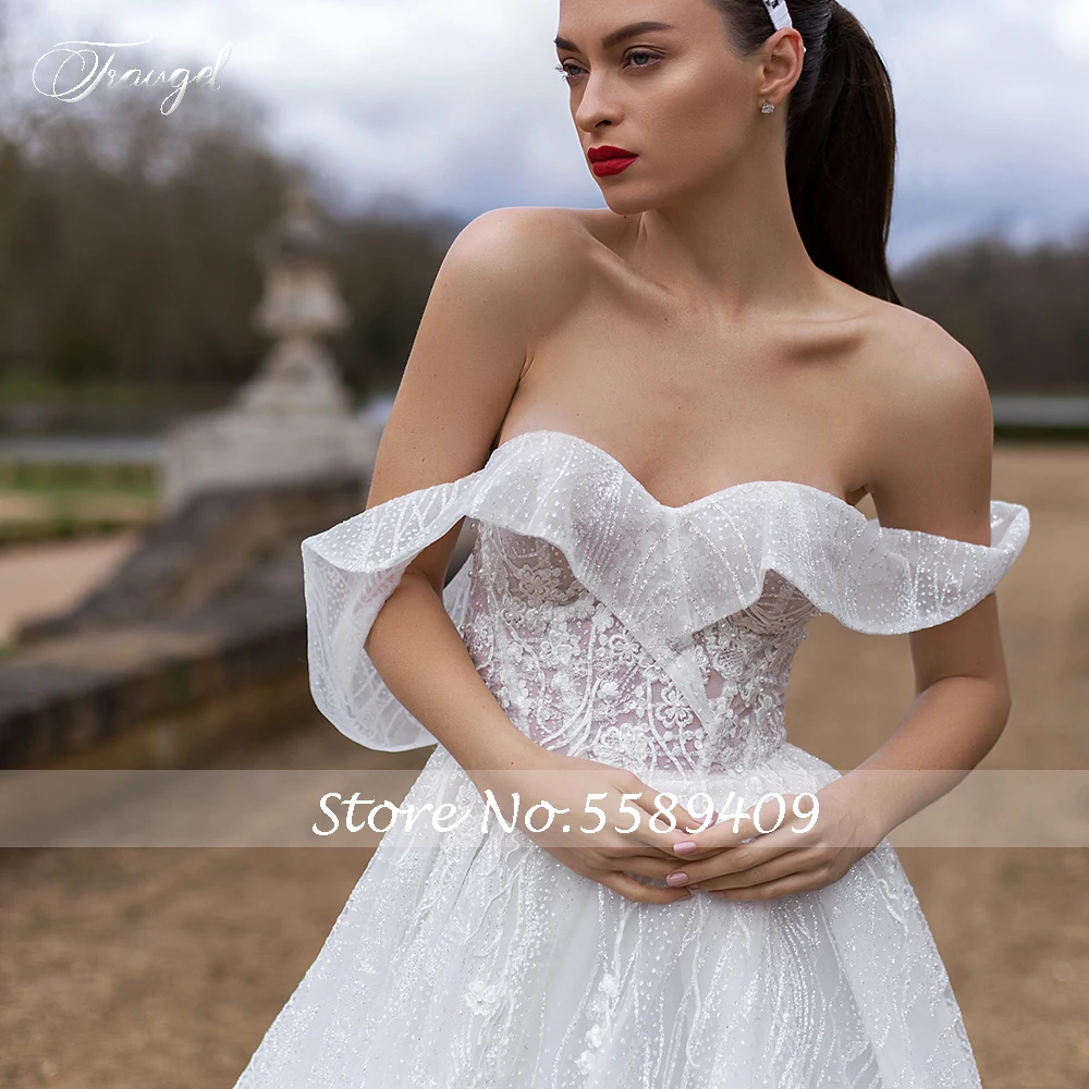 Traugel Sweetheart A Line Wedding Dresses Glitter Applique Off Shoulder Backless Bride Dress Chapel Train Wedding Gown