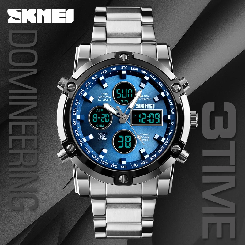 SKMEI-Relógio de pulso masculino, Pulseira Digital, 3 Time Countdown, Relógios de aço inoxidável, Relógios Masculinos, Moda