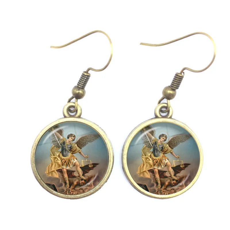 Fashion Glass Cabochon Earrings Archangel St.Michael Protect Me Saint Shield Protection Charm Russian Orhodox Jewelry For Holy