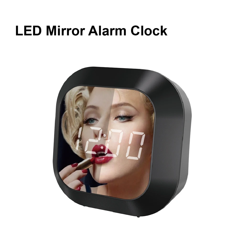 Digital USB LED mirror desk alarm clock electronic kids bedside snooze clock for home night clock with thermometer hour