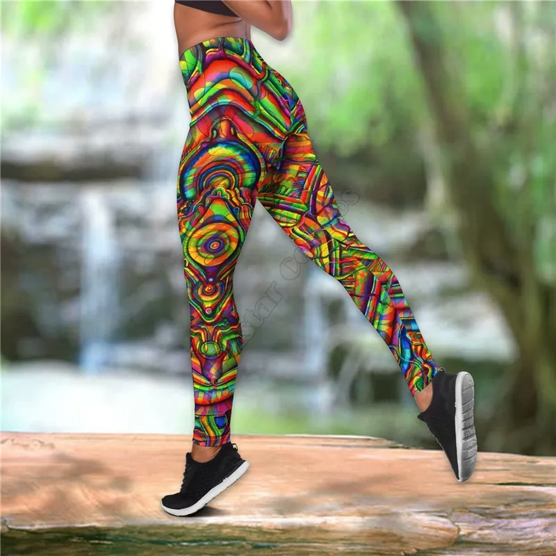 Psychedelic Color Hippie Combo Outfit Leggings and Hollow out Tank Top Suit Yoga Fitness Soft Legging Summer Women For Girl