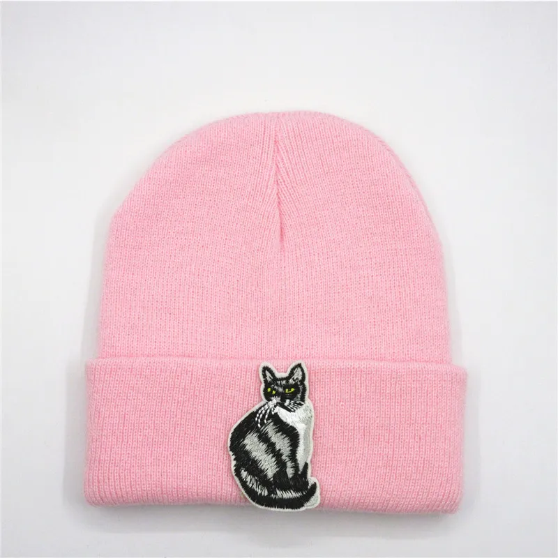 

Cotton Black Cat Animal Embroidery Thicken Knitted Hat Winter Warm Hat Skullies Cap Beanie Hat for Men and Women 217