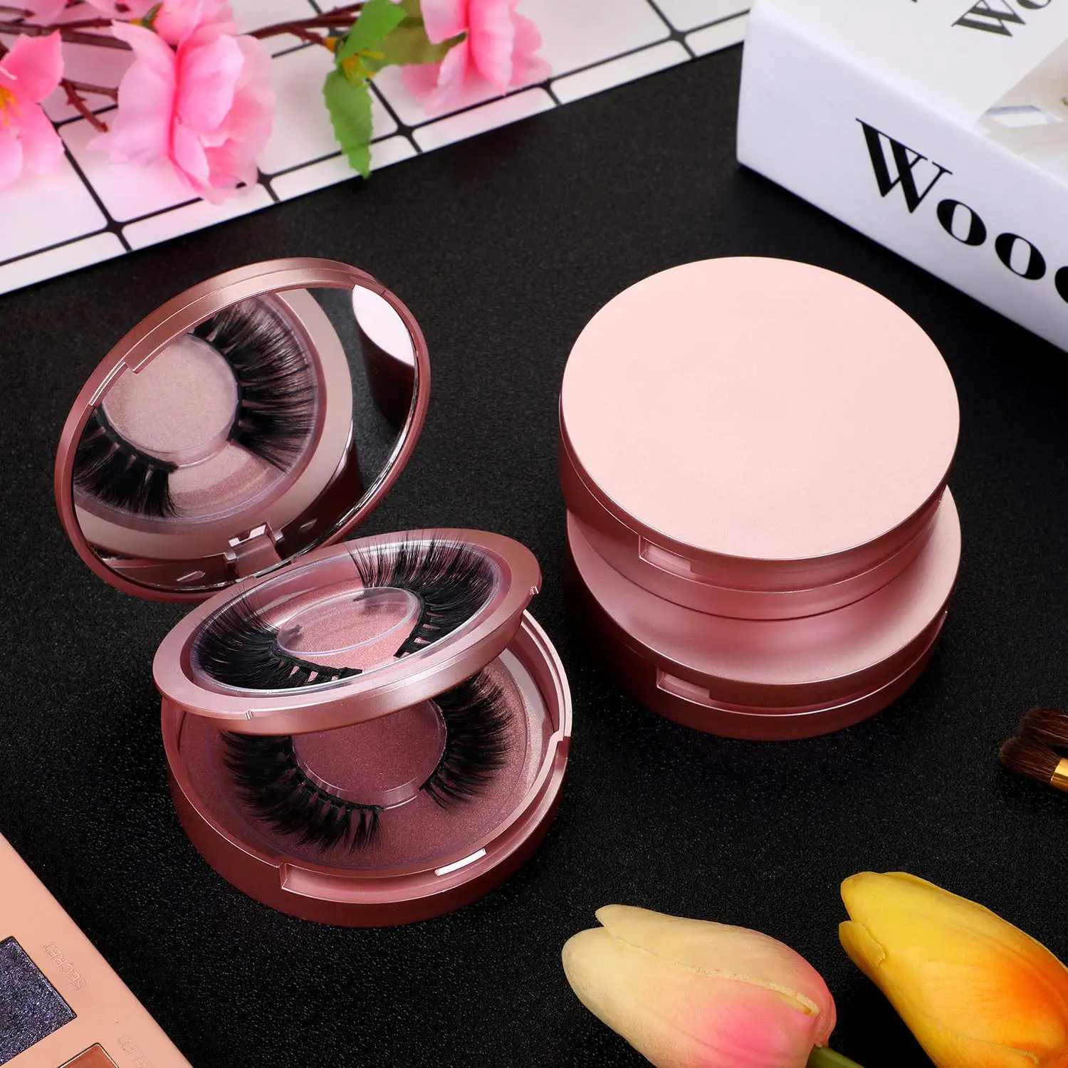 Double Layer Eyelash Packaging Round Box With Mirror And Tray Eyelashes Storage Organizer Empty Lash Case With Lash Holder