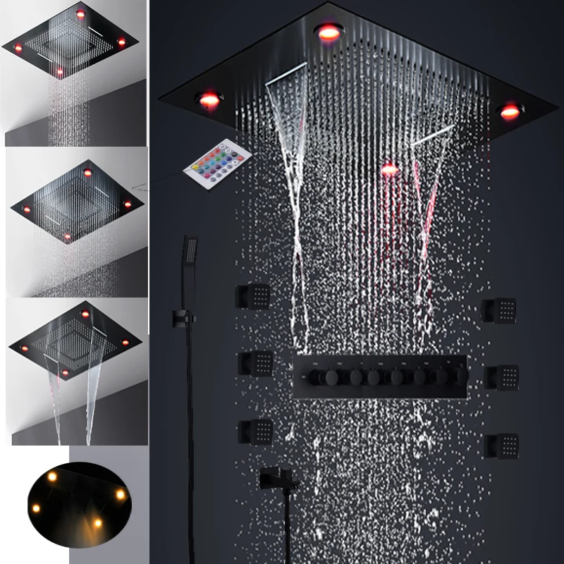 

6 Functions luxury led shower set 24 inch rain mist waterfall curtain showerhead thermostatic large flow mixer massage body jets